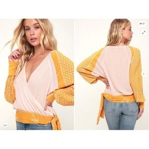 Free People Auxton Pink and Mustard Yellow Thermal Long Sleeve Wrap Top Medium